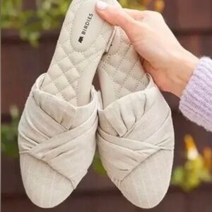 Birdies Songbird Mules in Cream Linen Stripe Size 10.5